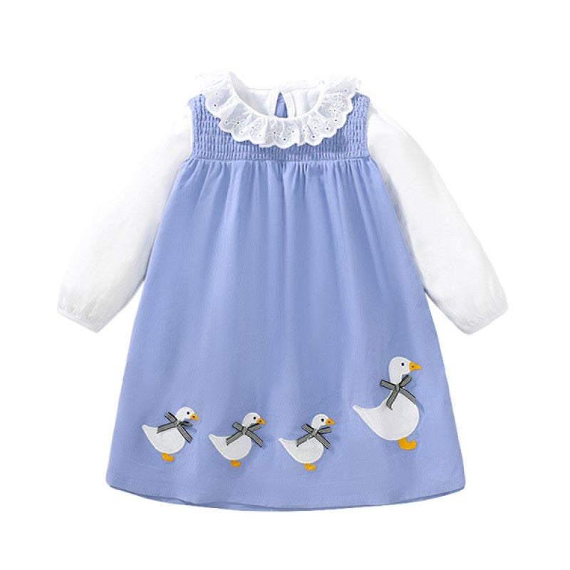 Girls Blue Round Neck Cotton Dress