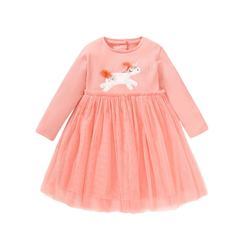 Girls Pink & White Embellished Gathered Or Pleated Cotton T-shirt Midi Dress