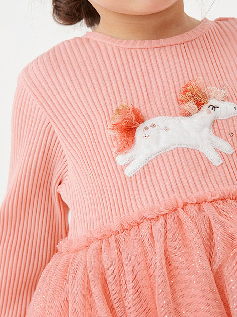 Girls Pink & White Embellished Gathered Or Pleated Cotton T-shirt Midi Dress
