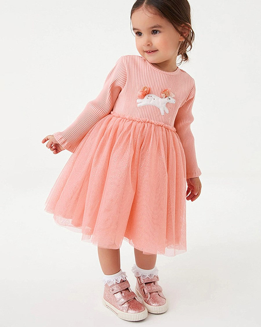 Girls Pink & White Embellished Gathered Or Pleated Cotton T-shirt Midi Dress