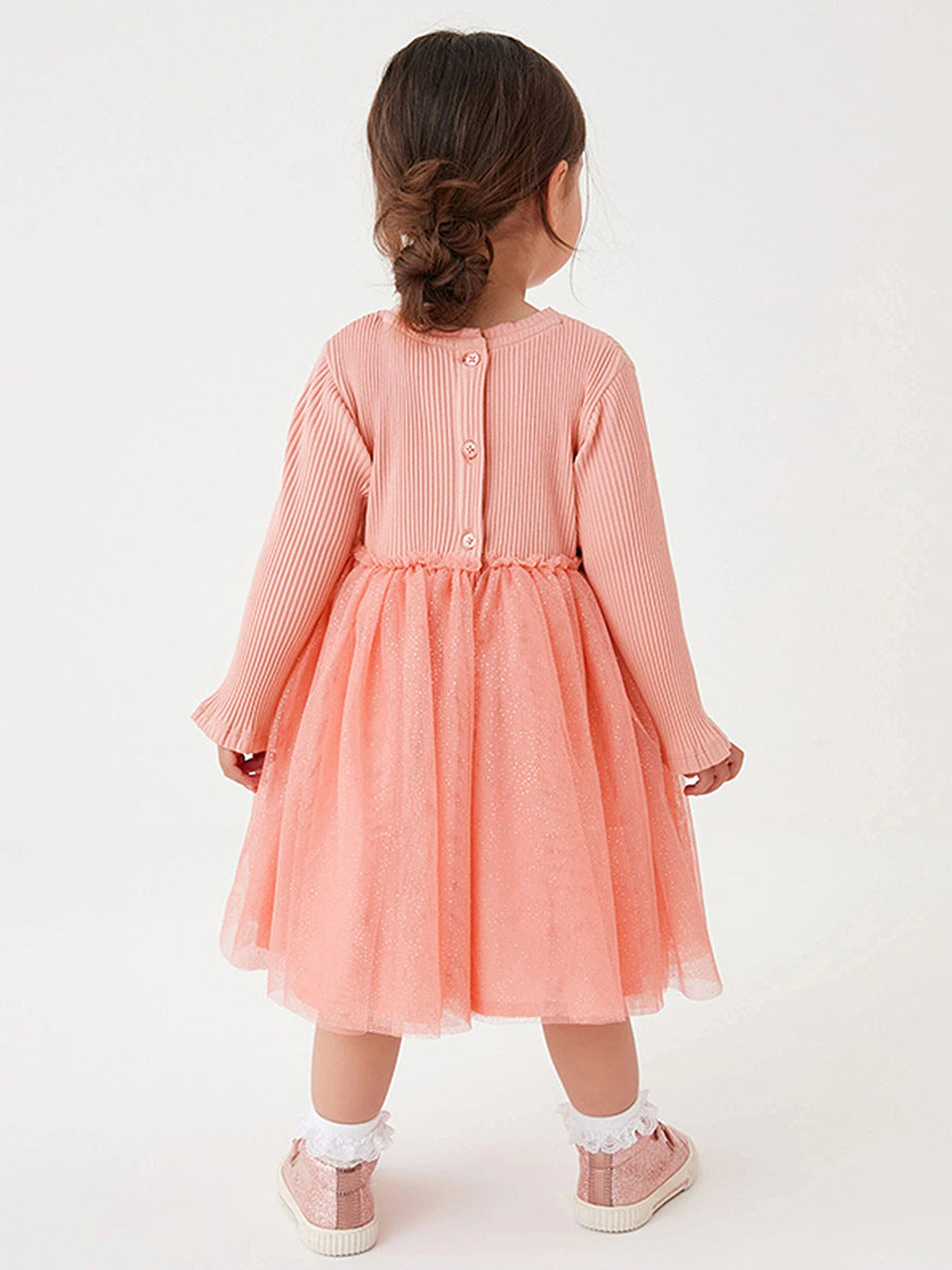 Girls Pink & White Embellished Gathered Or Pleated Cotton T-shirt Midi Dress