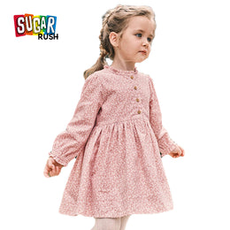 Girls Pink Floral Printed Gathered Cotton Fit & Flare Dress