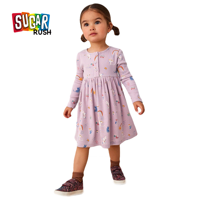 Girls Conversational Printed Round Neck Long Sleeves Fit & Flare Dress