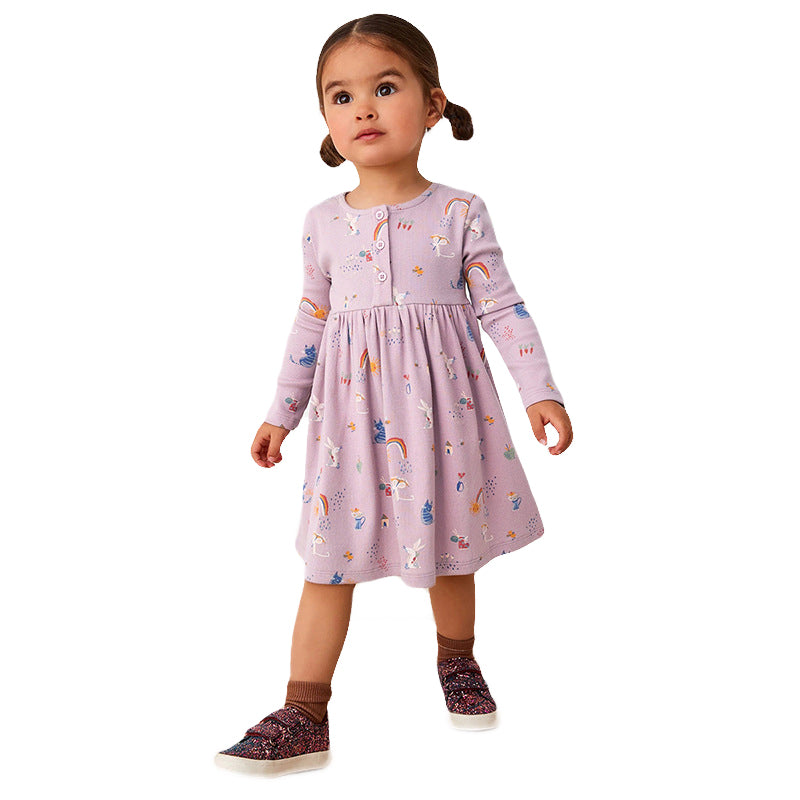 Girls Conversational Printed Round Neck Long Sleeves Fit & Flare Dress