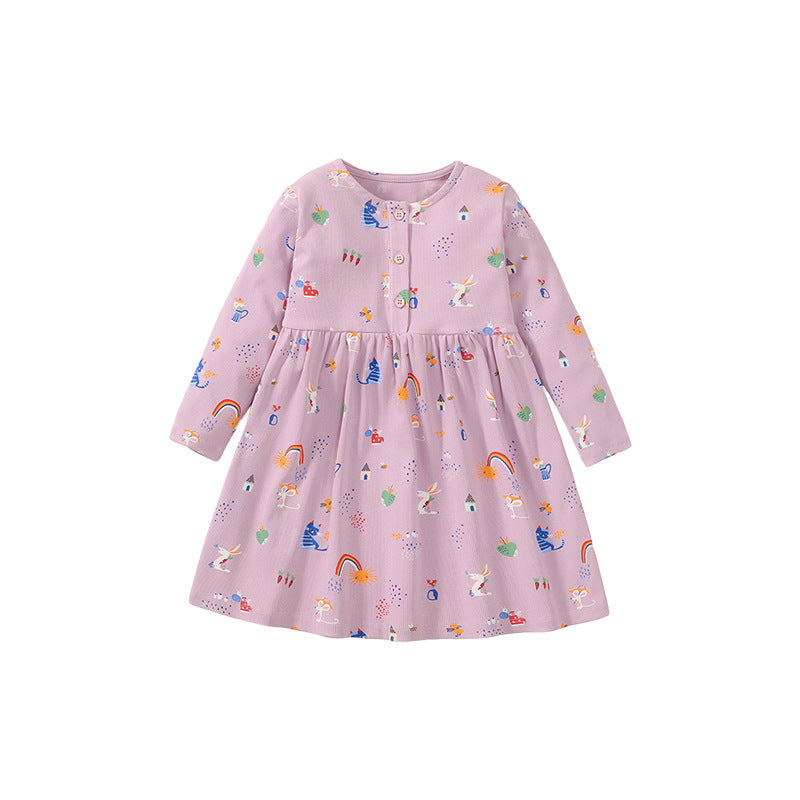 Girls Conversational Printed Round Neck Long Sleeves Fit & Flare Dress