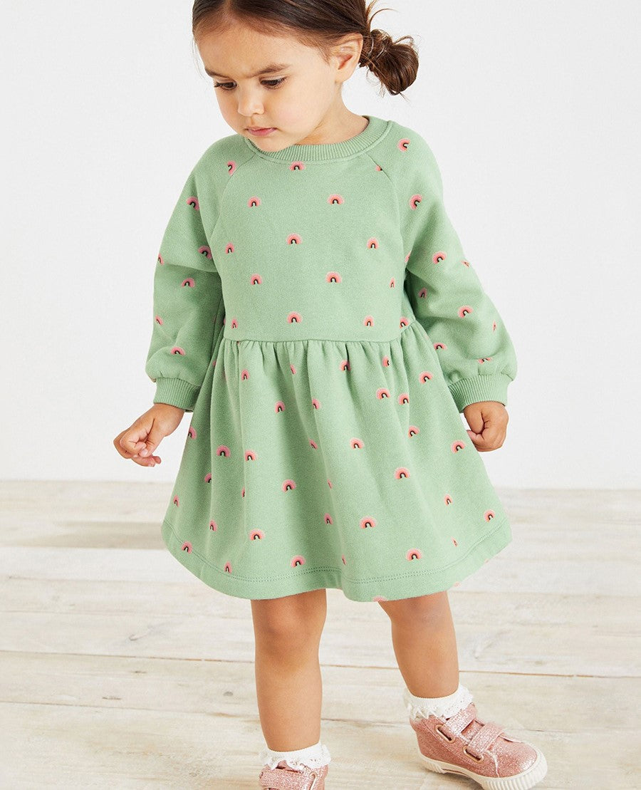 Green Girls Conversational Printed Cotton A-Line Dress