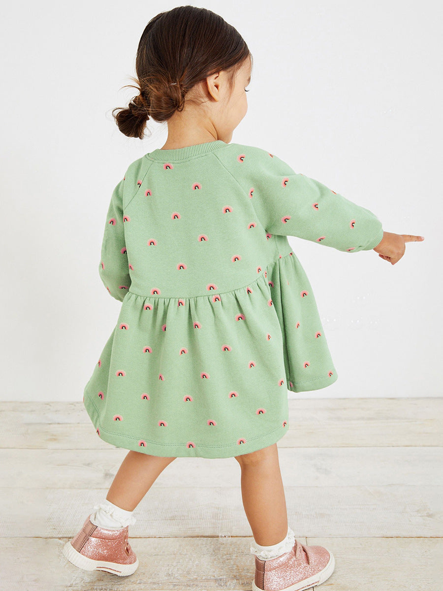 Green Girls Conversational Printed Cotton A-Line Dress