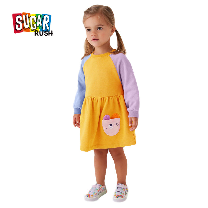 Girls Yellow & Purple Applique Fit & Flare Cotton Dress