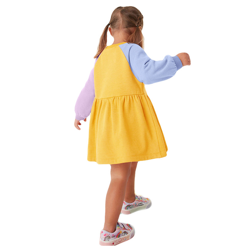 Girls Yellow & Purple Applique Fit & Flare Cotton Dress