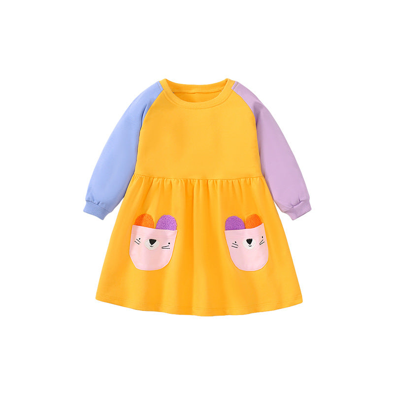 Girls Yellow & Purple Applique Fit & Flare Cotton Dress