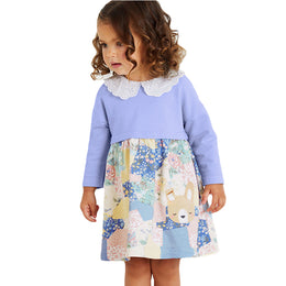 Girls Floral Print Peter Pan Collar Long Sleeves Cotton A-Line Dress