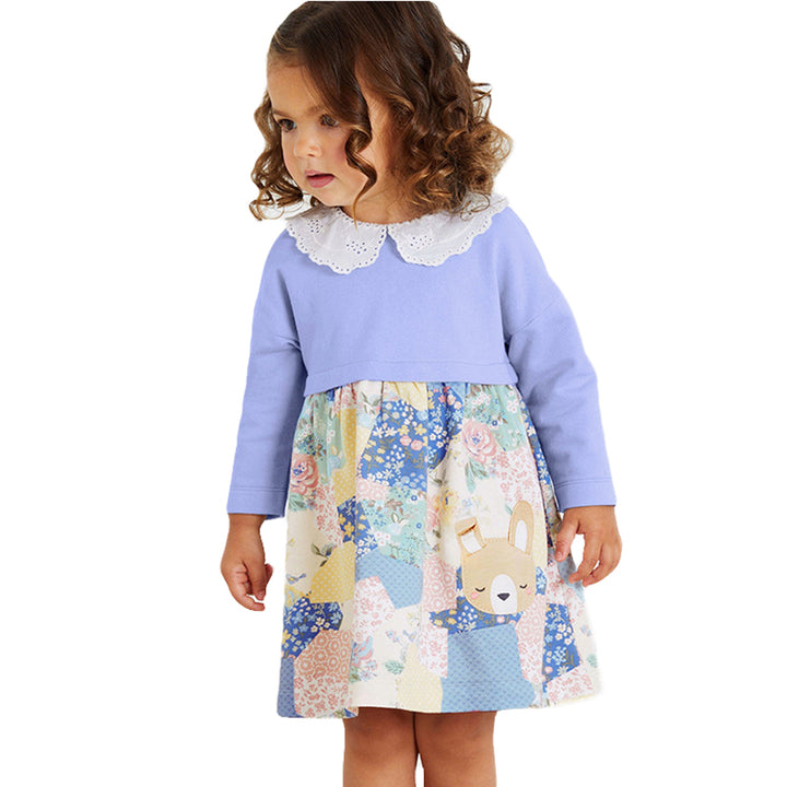 Girls Floral Print Peter Pan Collar Long Sleeves Cotton A-Line Dress