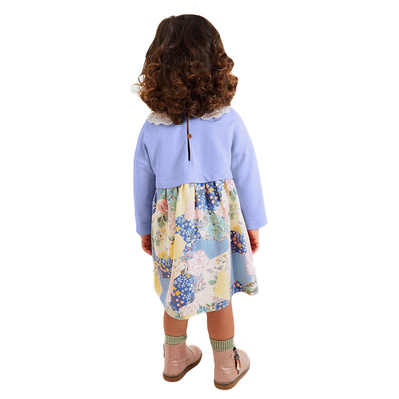 Girls Floral Print Peter Pan Collar Long Sleeves Cotton A-Line Dress