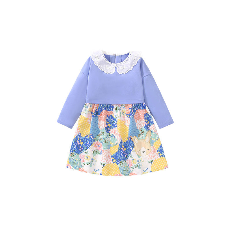 Girls Floral Print Peter Pan Collar Long Sleeves Cotton A-Line Dress