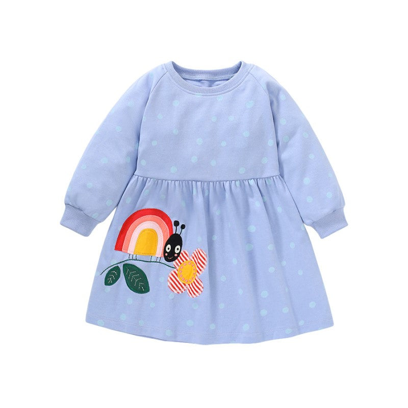 Purple Polka Dots Printed Long Sleeves Cotton Applique T-shirt Dress