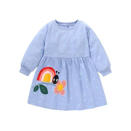 Purple Polka Dots Printed Long Sleeves Cotton Applique T-shirt Dress