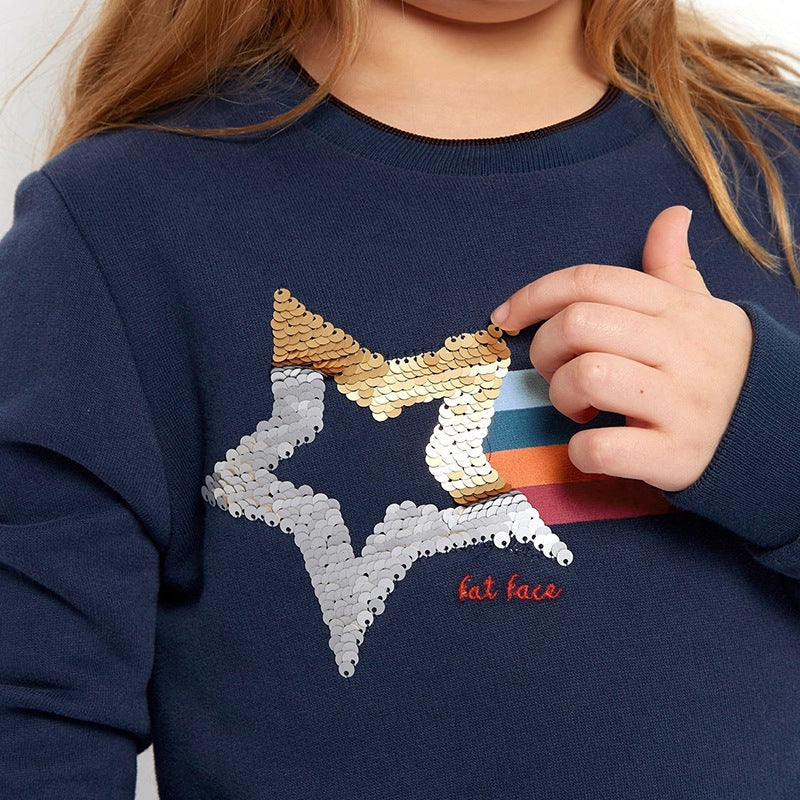 Girls Navy Blue Sequinned Cotton Pullover