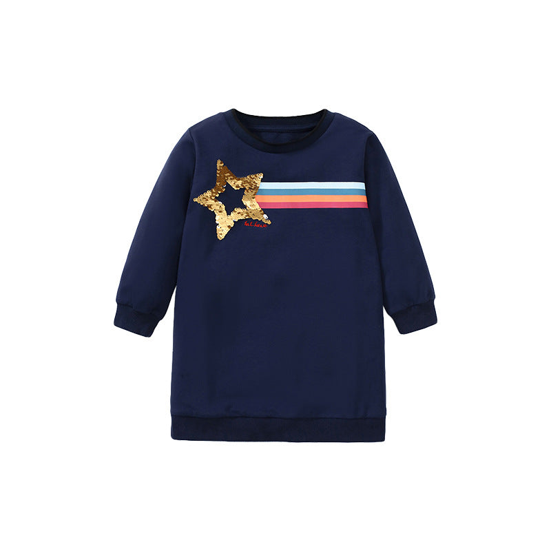 Girls Navy Blue Sequinned Cotton Pullover