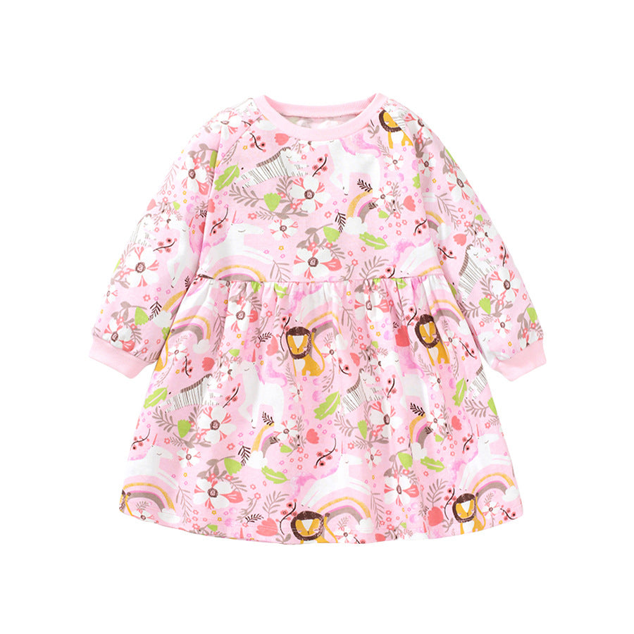 Girls Printed Round Neck Long Sleeves Flared Hem Fit & Flare Dress
