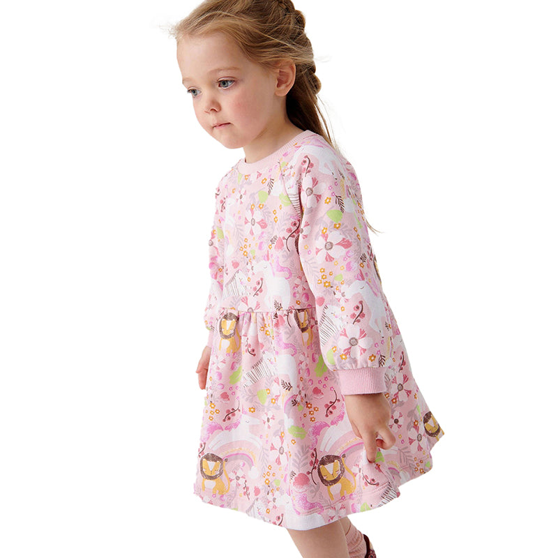 Girls Printed Round Neck Long Sleeves Flared Hem Fit & Flare Dress