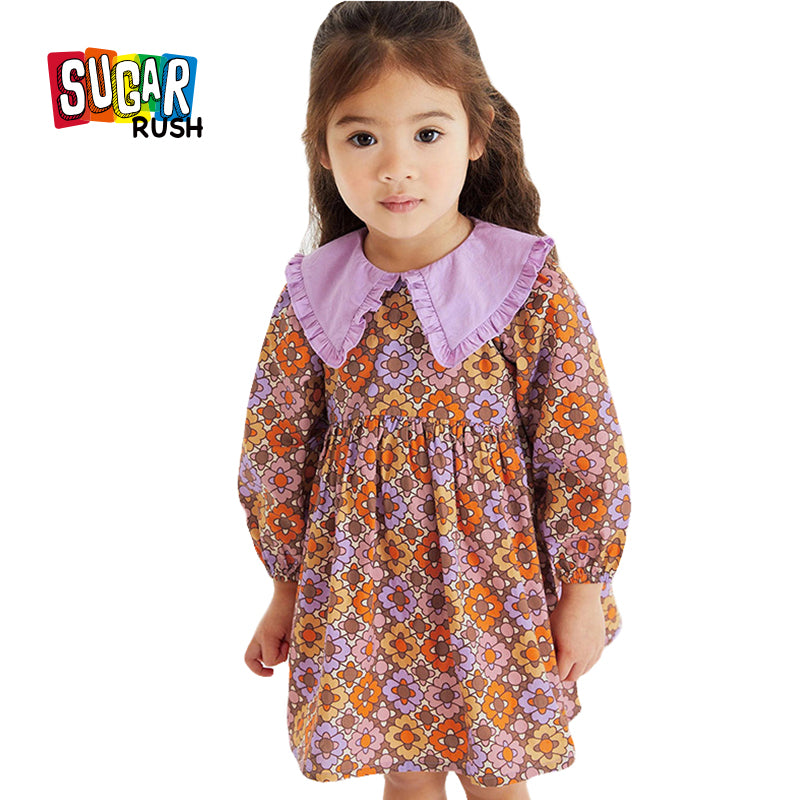 Girls Purple Cotton Floral Print Above the Keyboard Collar A Line Dress