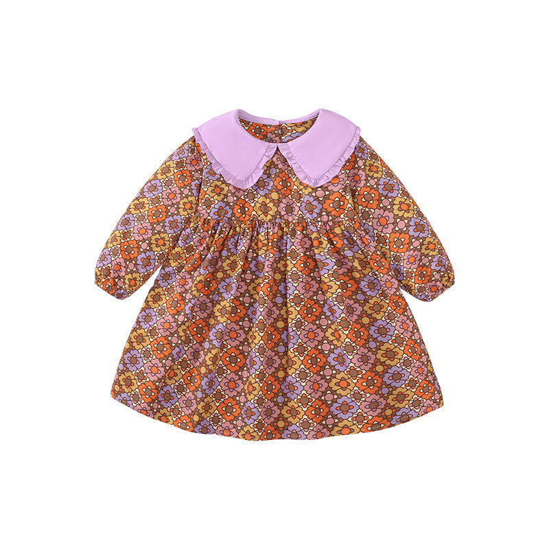 Girls Purple Cotton Floral Print Above the Keyboard Collar A Line Dress