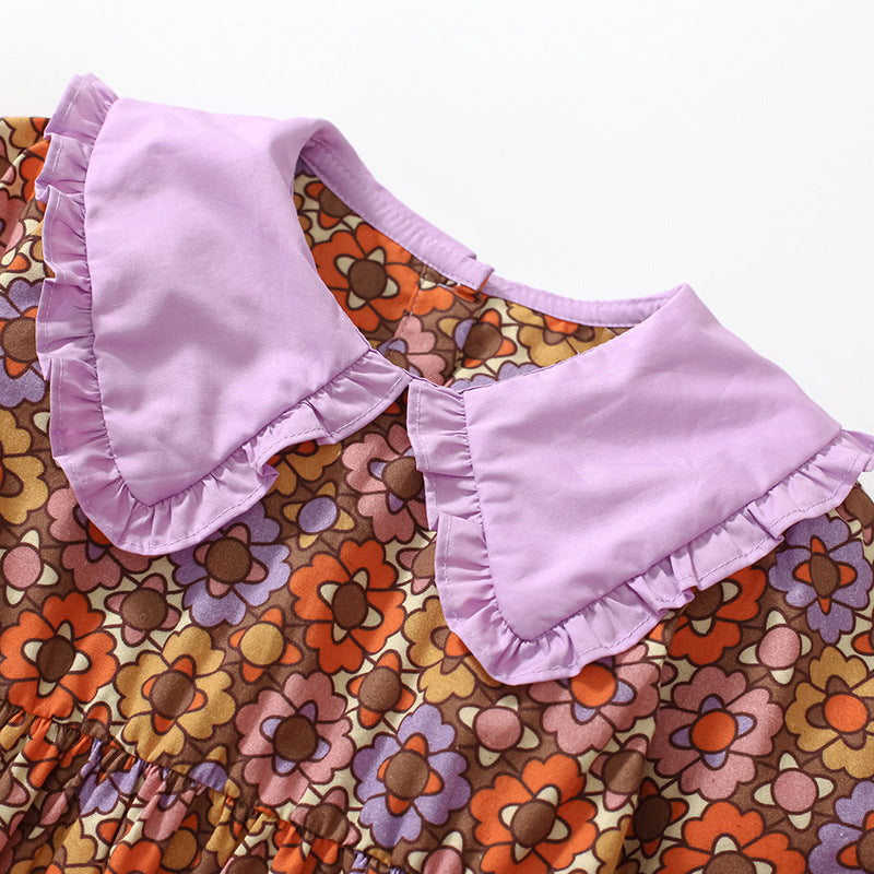 Girls Purple Cotton Floral Print Above the Keyboard Collar A Line Dress
