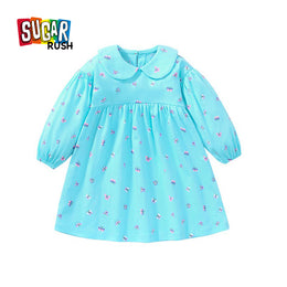 Girls Blue Conversational Printed Peter Pan Collar A-Line Cotton Dress