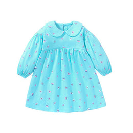 Girls Blue Conversational Printed Peter Pan Collar A-Line Cotton Dress