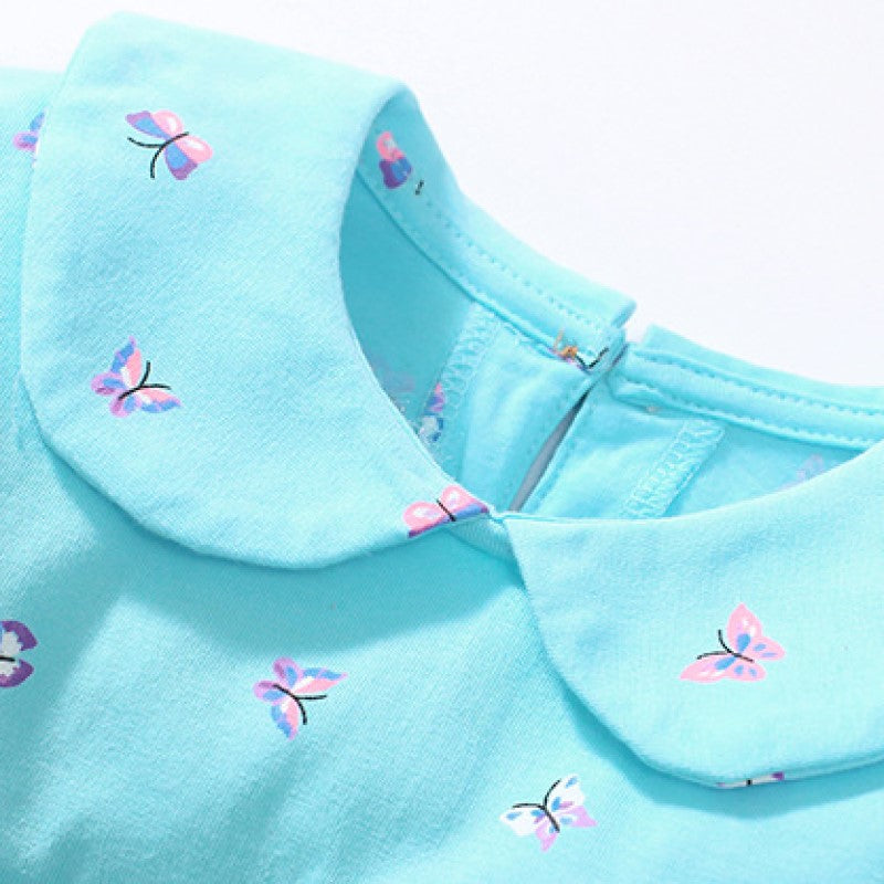Girls Blue Conversational Printed Peter Pan Collar A-Line Cotton Dress