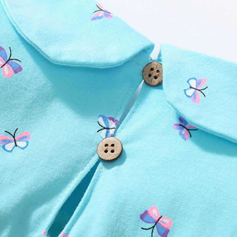 Girls Blue Conversational Printed Peter Pan Collar A-Line Cotton Dress