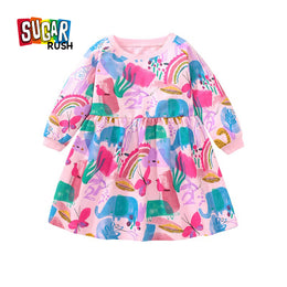 Pink Girls Conversational Printed Cotton A-line Dress
