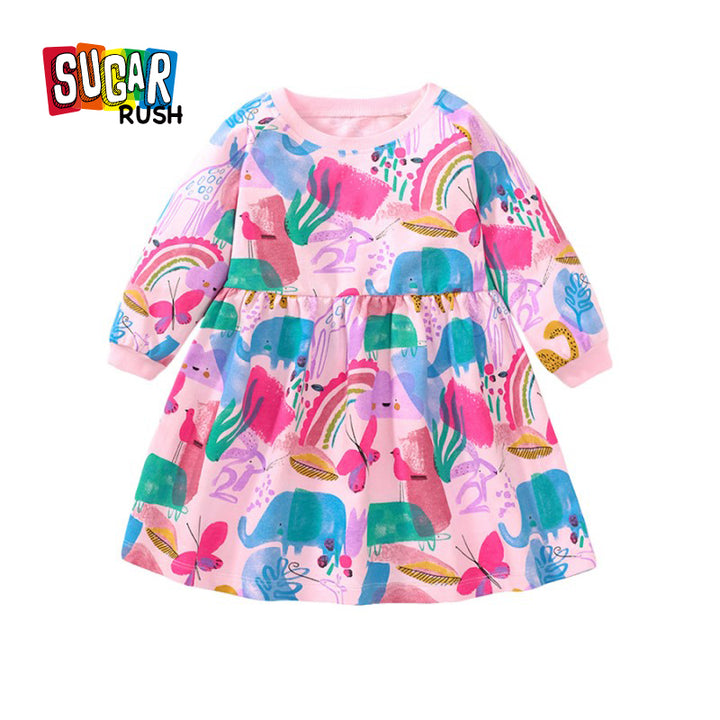 Pink Girls Conversational Printed Cotton A-line Dress