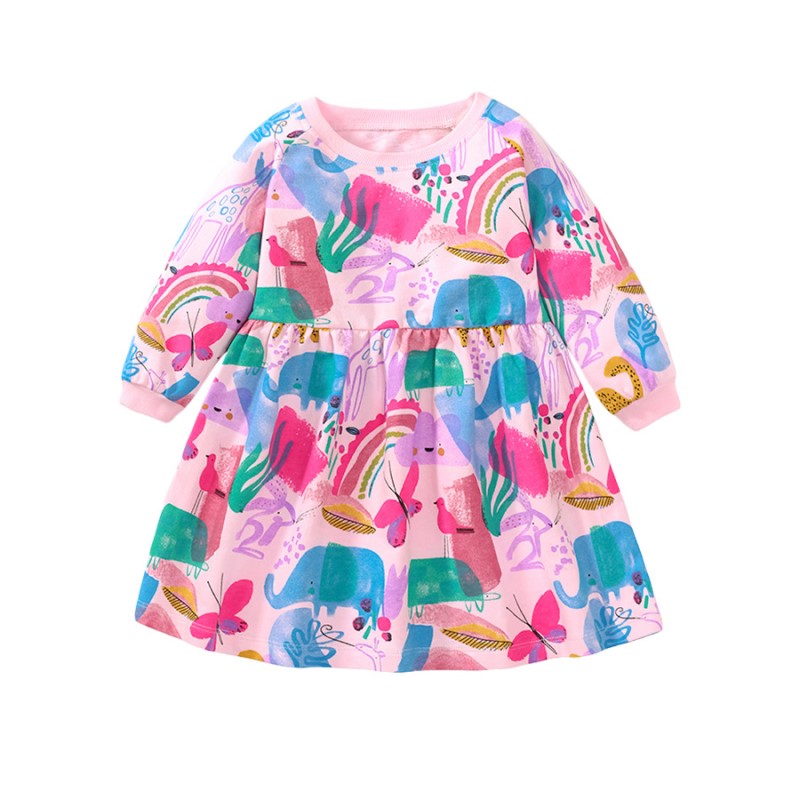 Pink Girls Conversational Printed Cotton A-line Dress
