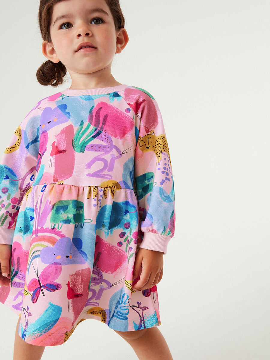 Pink Girls Conversational Printed Cotton A-line Dress