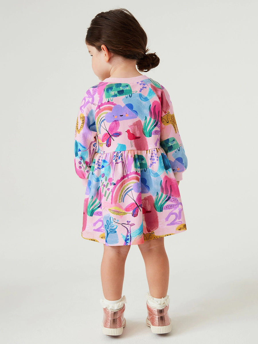 Pink Girls Conversational Printed Cotton A-line Dress