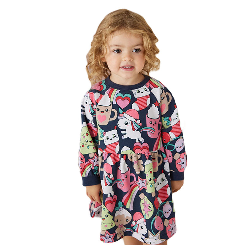Girls Navy Blue & White Unicorn Printed A-Line Mini Cotton Dress