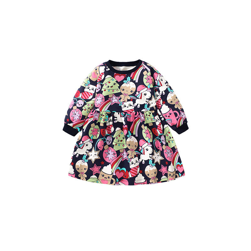 Girls Navy Blue & White Unicorn Printed A-Line Mini Cotton Dress
