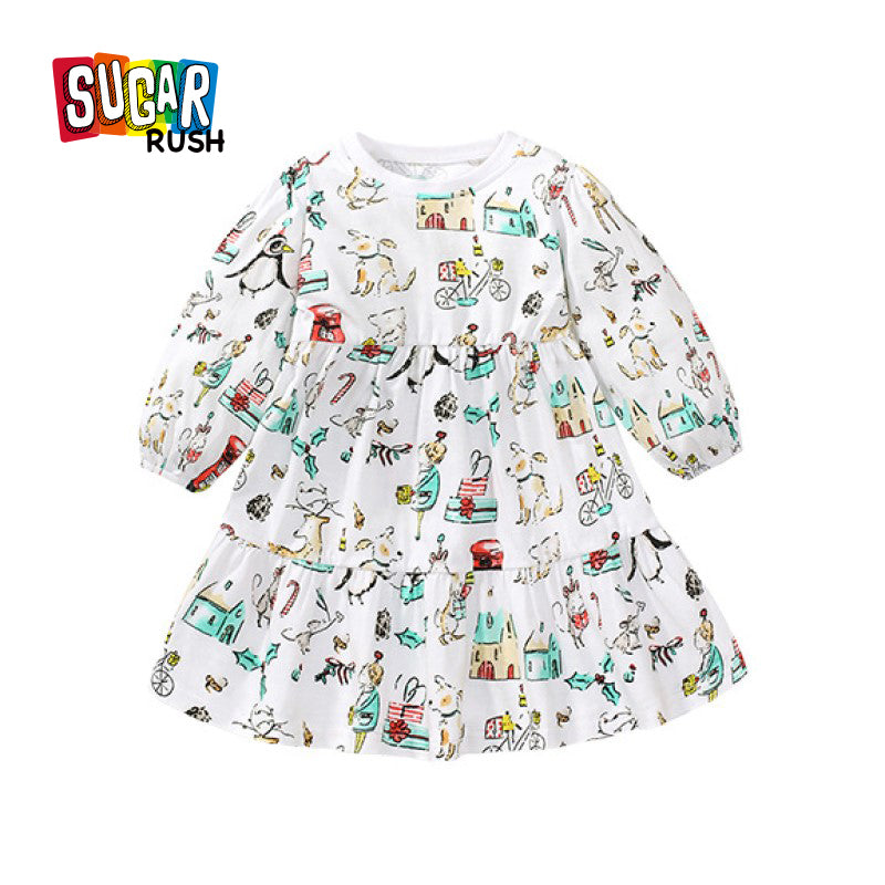 Girls White Print Cotton A-Line Dress