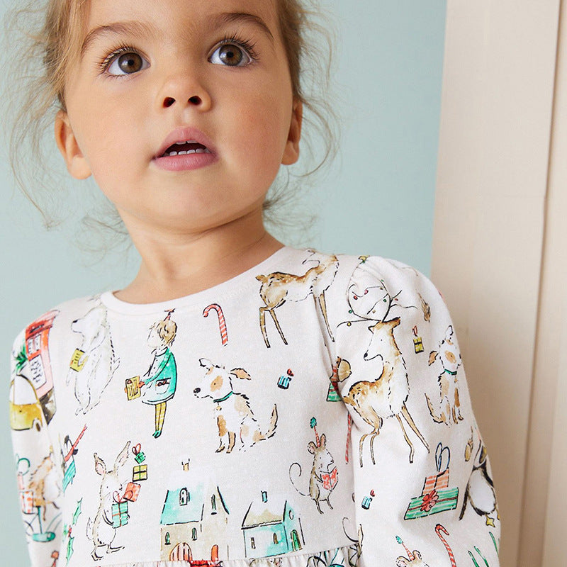 Girls White Print Cotton A-Line Dress