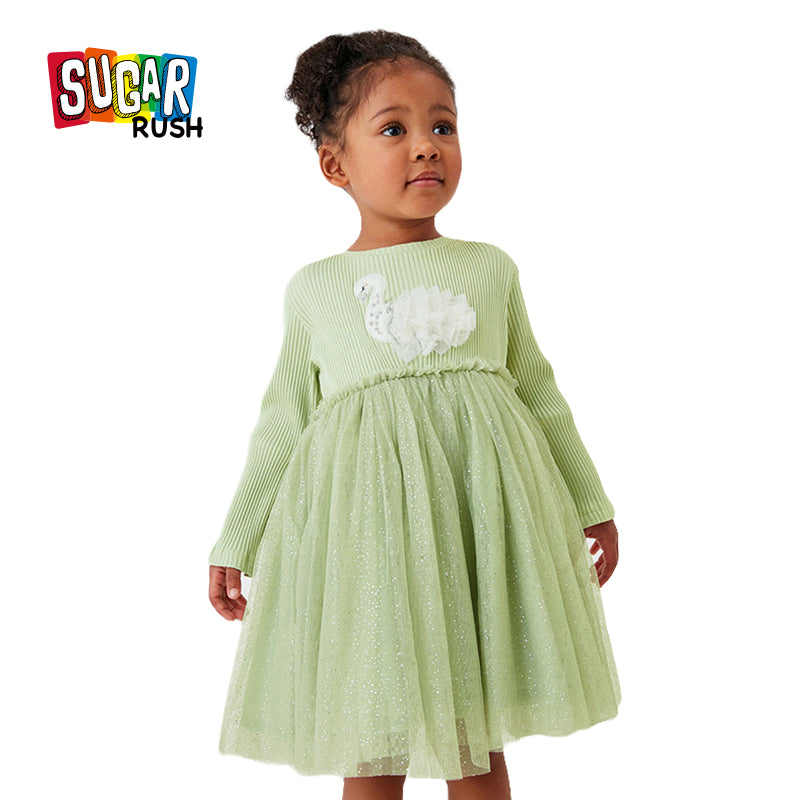 Green Self Design Ruffled Fit and Flare Cotton Dress