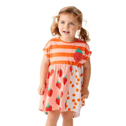 Girls Orange Conversational Printed Extended Sleeves Cotton A-Line Dress