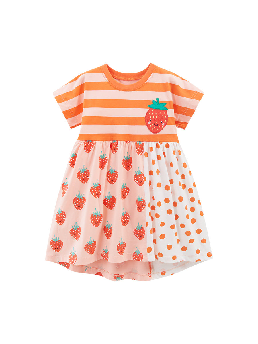 Girls Orange Conversational Printed Extended Sleeves Cotton A-Line Dress
