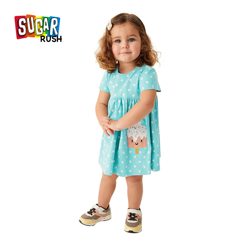 Blue Girls Polka Dot Printed Gathered Detail Cotton A-Line T-shirt Dress