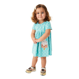 Blue Girls Polka Dot Printed Gathered Detail Cotton A-Line T-shirt Dress