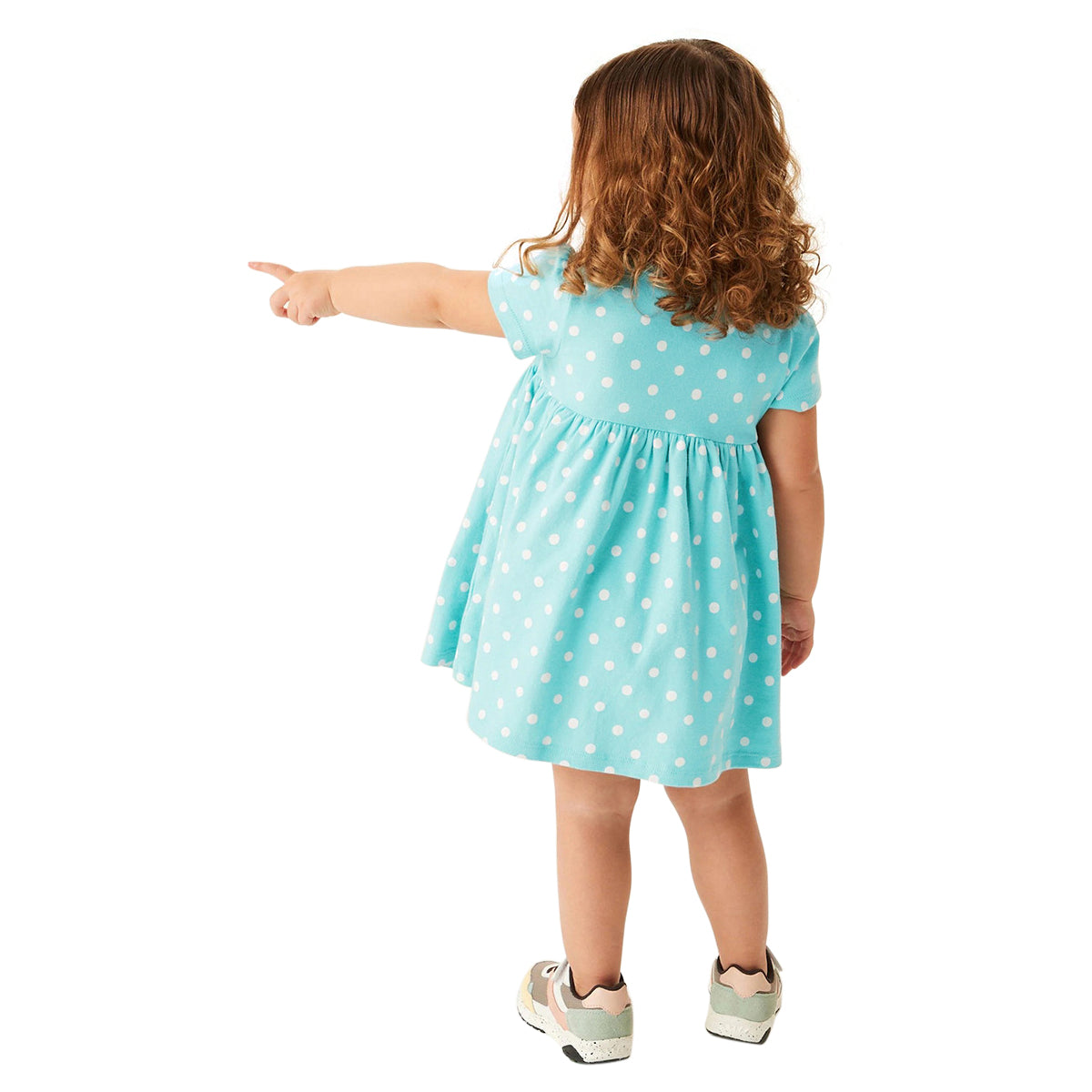 Blue Girls Polka Dot Printed Gathered Detail Cotton A-Line T-shirt Dress