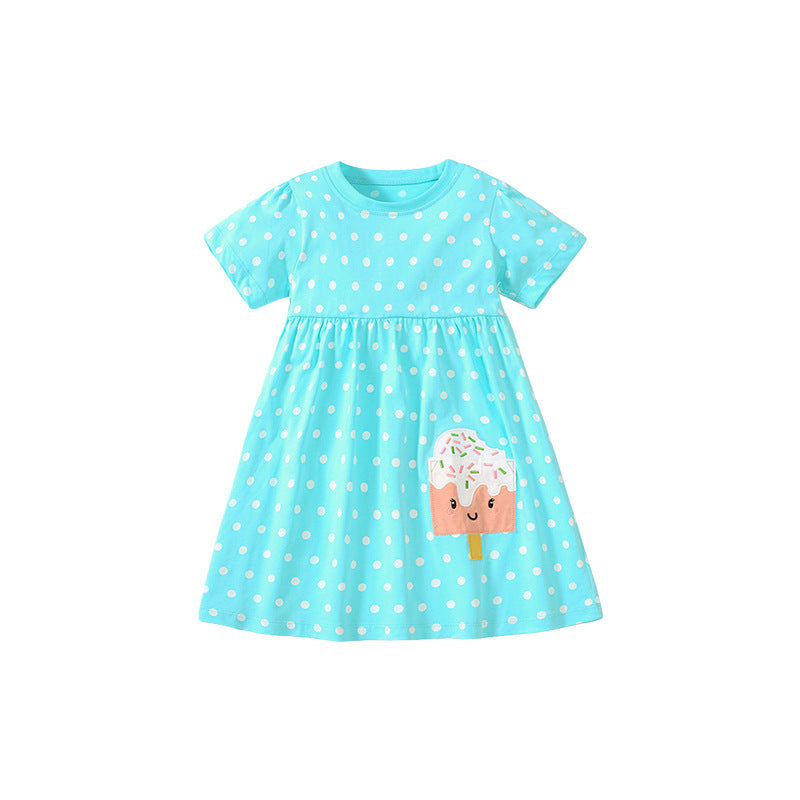 Blue Girls Polka Dot Printed Gathered Detail Cotton A-Line T-shirt Dress