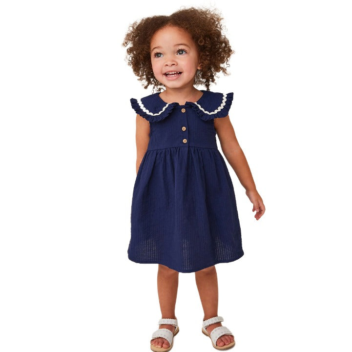 Girls Navy Blue Peter Pan Collar Cotton A-Line Dress