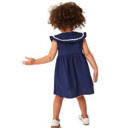 Girls Navy Blue Peter Pan Collar Cotton A-Line Dress