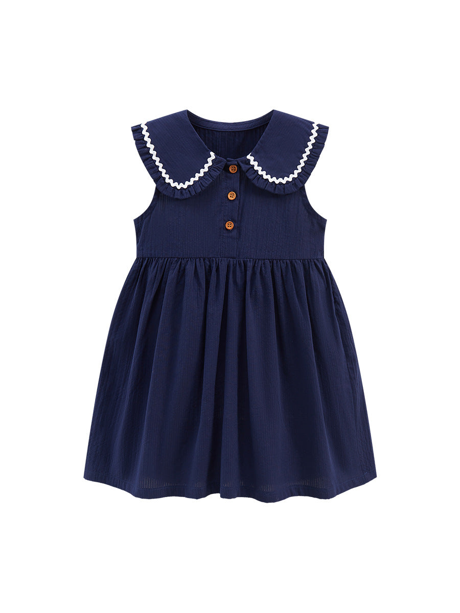 Girls Navy Blue Peter Pan Collar Cotton A-Line Dress